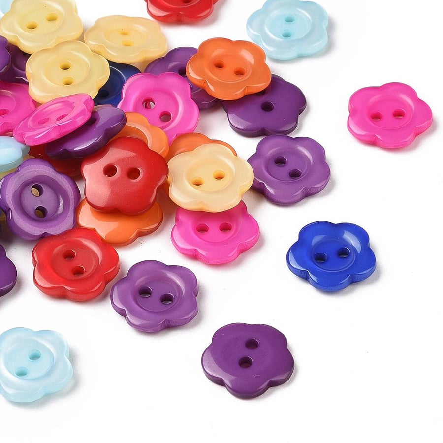 Mixed Flower Resin Buttons - 15mm, 2-Hole - Packet of 20x for Sewing and Craftin