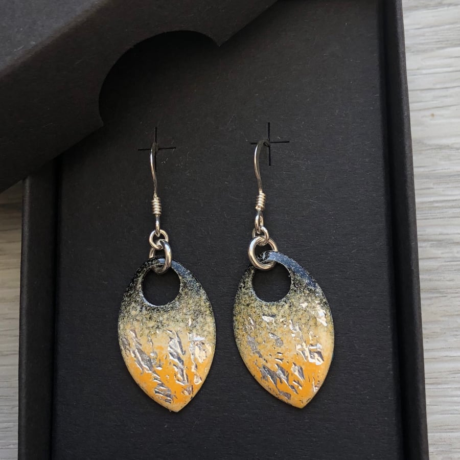 Black, yellow and silver leaf enamel scale earrings. Sterling silver. 