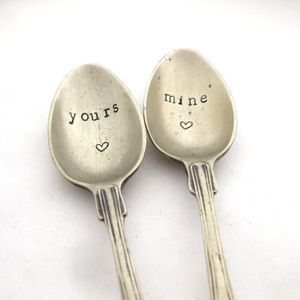 Two antique coffeespoons, yours and mine, handstamped spoons with hearts