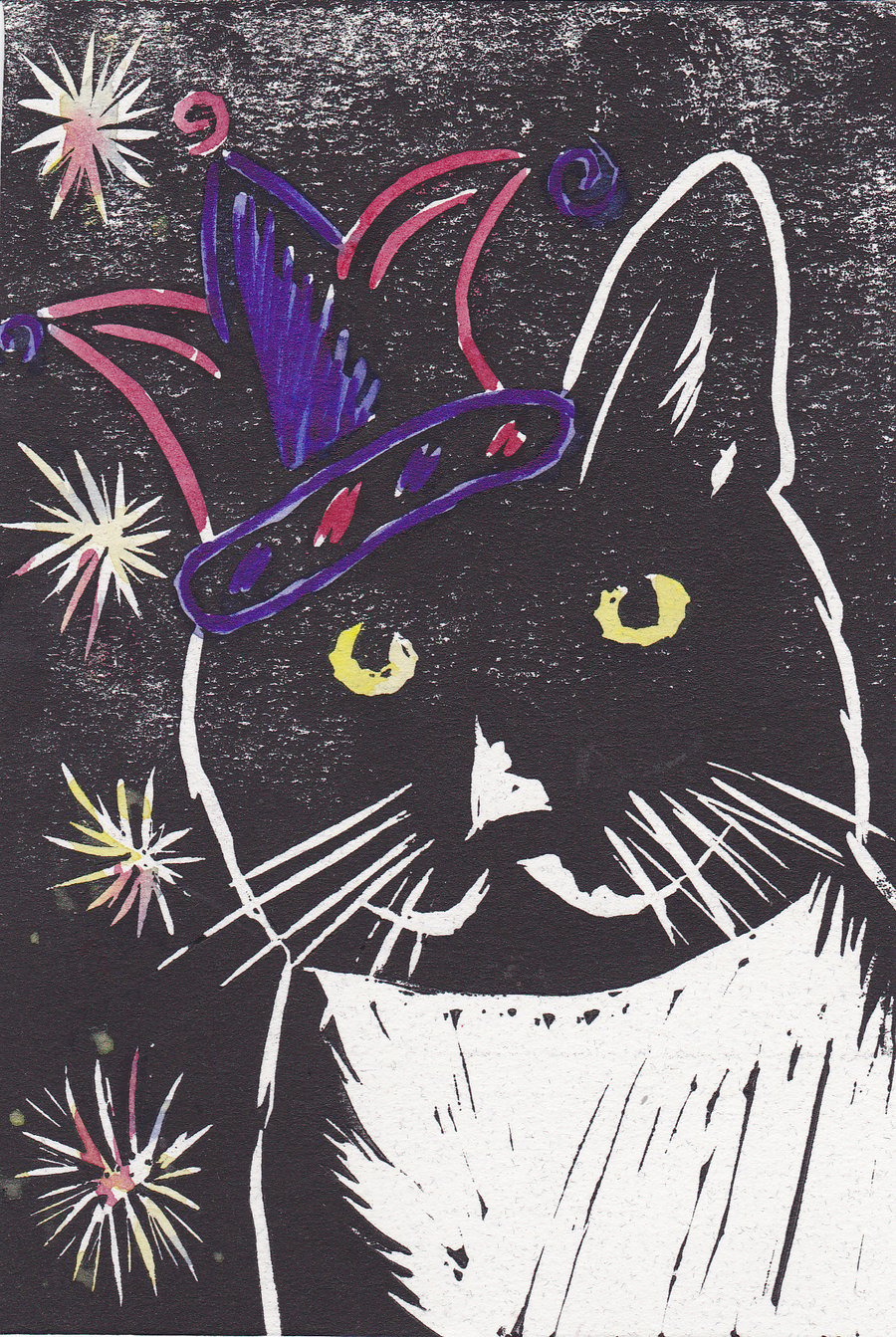 Festival Cat Linocut Print Art OOAK 