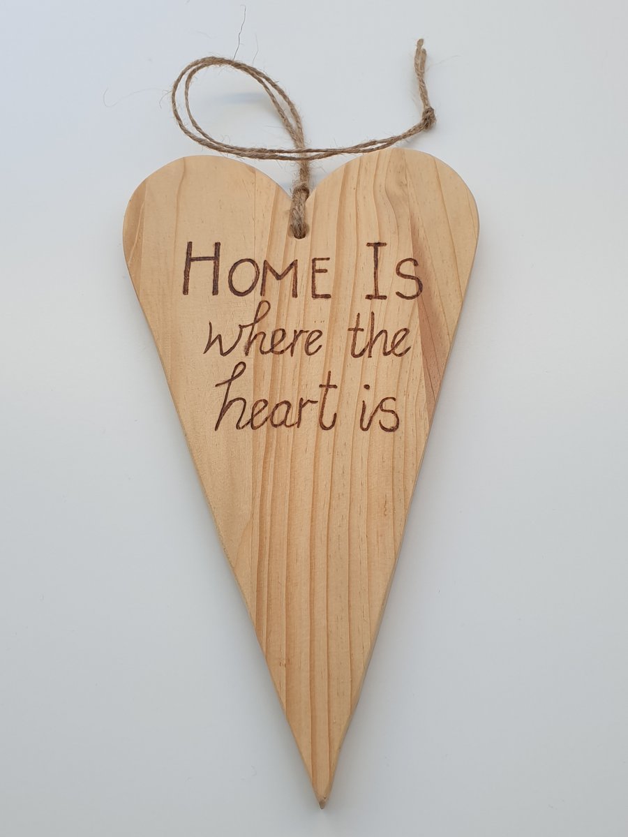 'Home is where the heart is' rustic woodburned hanging heart