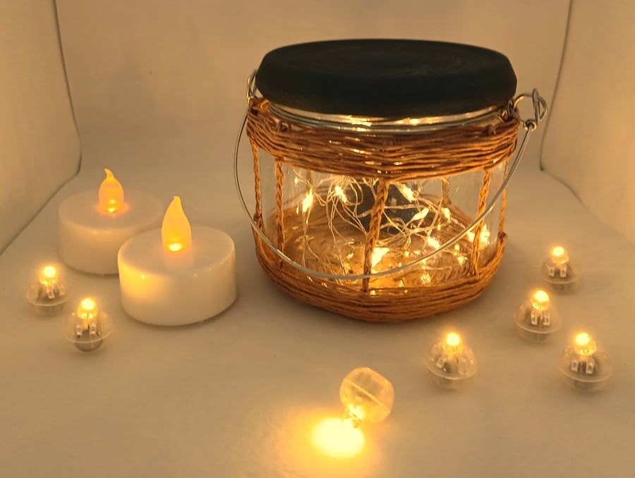 Rustic, Upcycled Glass Jar Lantern with Fairy Lights (Golden Brown)