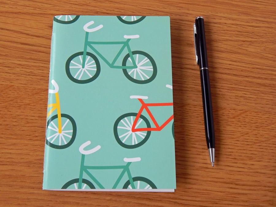 Cute Bicycles Notebook - A6, upcycled notebook with lined pages. 
