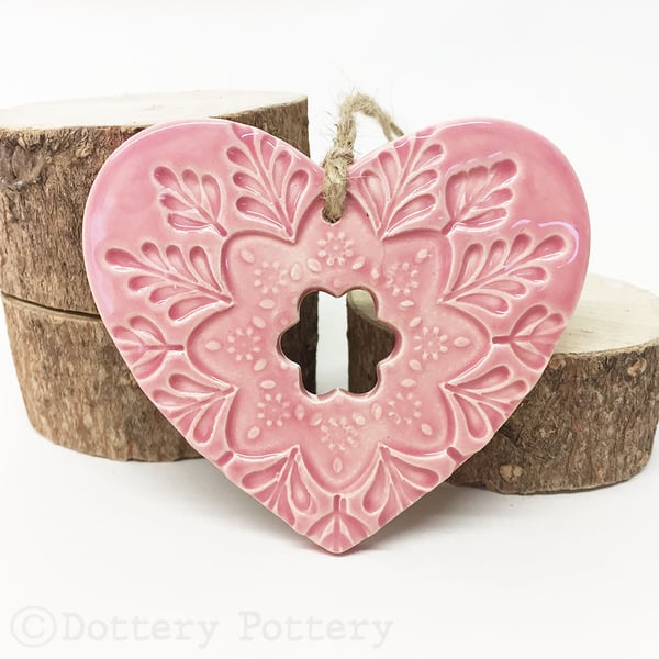 Ceramic heart hanging decoration Pottery Heart Folk art love heart PINK