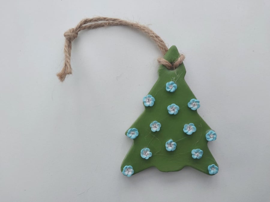 Christmas Tree With Diamante Blue Flowers Hanging Decoration