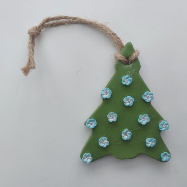 Christmas Tree With Diamante Blue Flowers Hanging Decoration