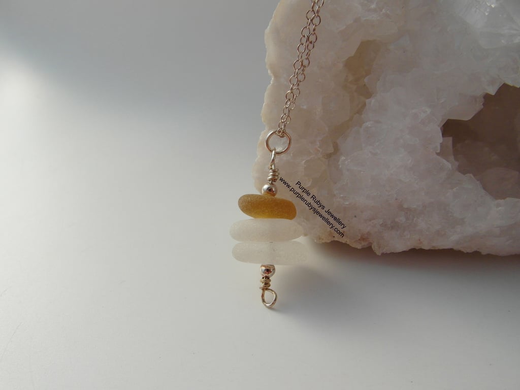 Amber and White Cornish Sea Glass Stack Necklace, Sterling Silver N335