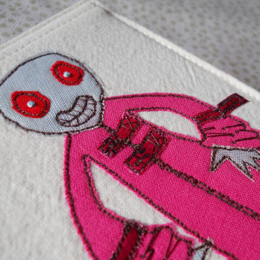 embroidered pink zombie notebook cover - A6 size