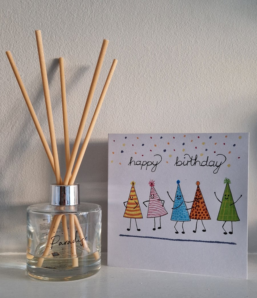 Happy Birthday Dancing Party Hats colourful watercolour any age