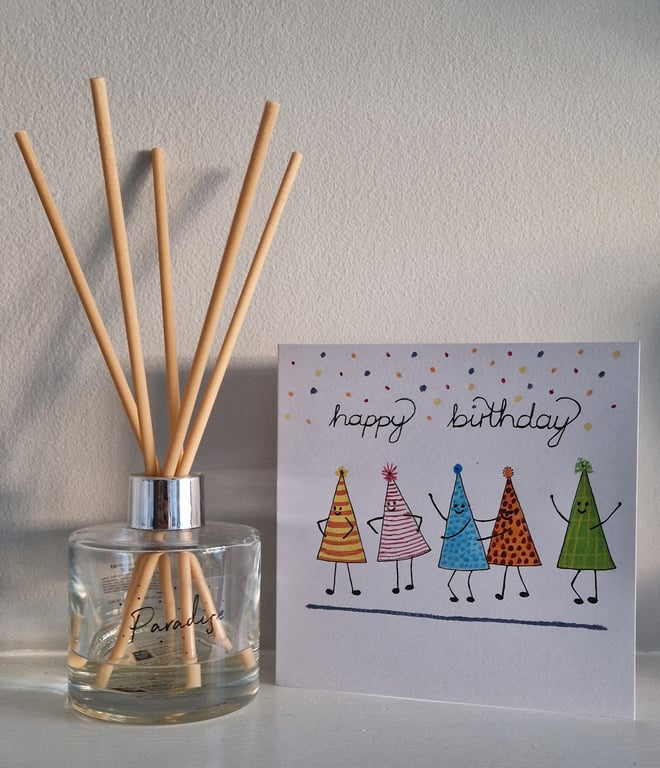 Happy Birthday Dancing Party Hats colourful watercolour any age