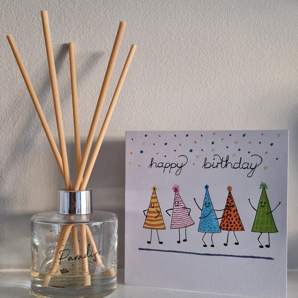 Happy Birthday Dancing Party Hats colourful watercolour any age