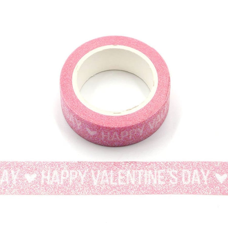 Happy Valentines Day Glitter Sparkle Pink Washi Tape 15mm x 3 Meters Eco Friendl