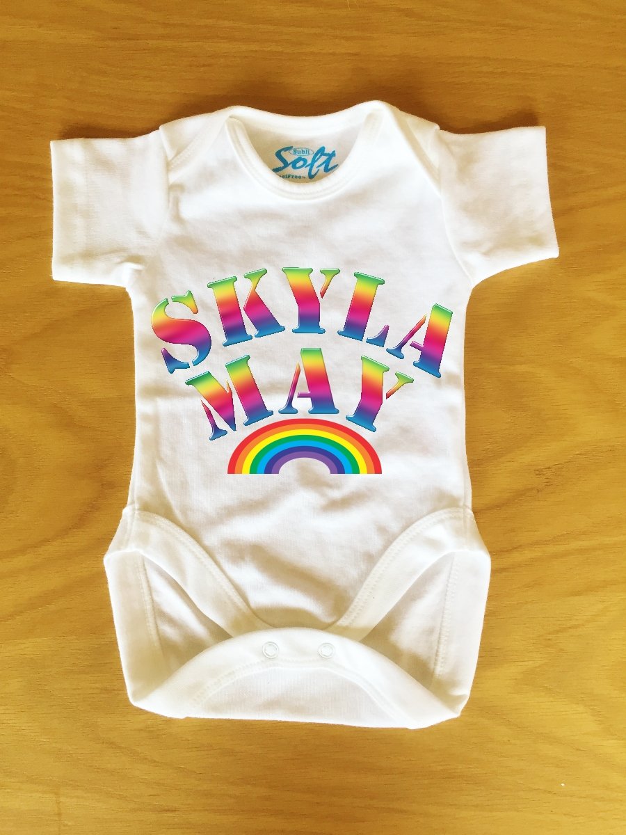 Baby Vest baby grow body suit with Personalised Rainbow font