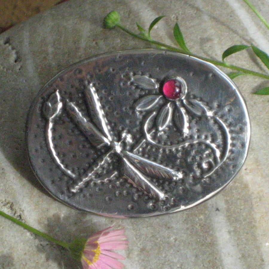 Dragonfly Garnet Brooch in Silver Pewter
