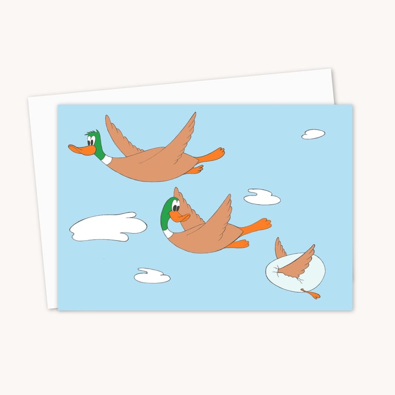 Flying Ducks Greeting Card: Hand Drawn Cartoon Artwork for Any Occasion (201)