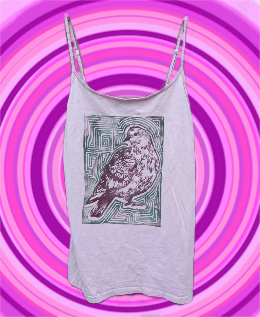 Handprinted lino pigeon upcycled vest top medium 