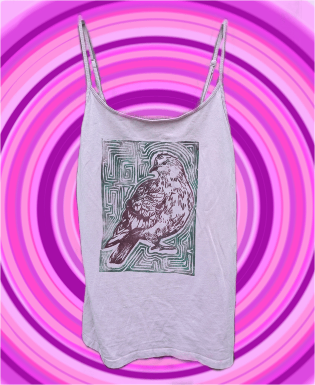 Handprinted lino pigeon upcycled vest top medium 