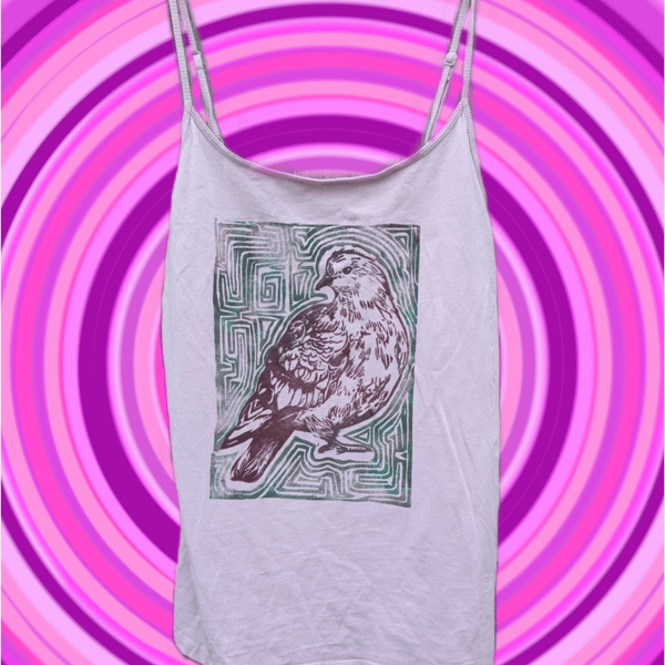 Handprinted lino pigeon upcycled vest top medium 