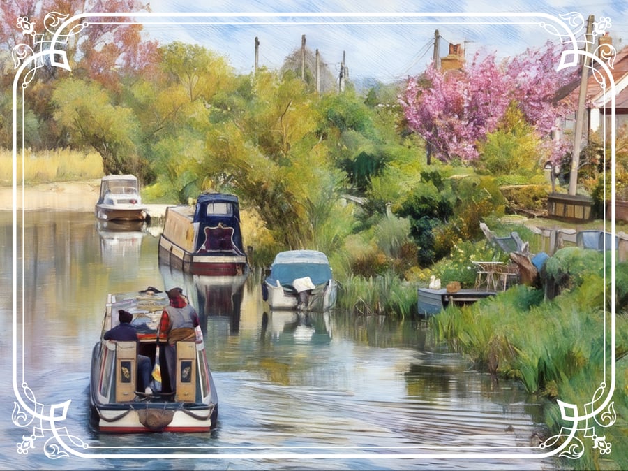 Narrow Boat  A5 Greeting Card Norfolk Spring Time 