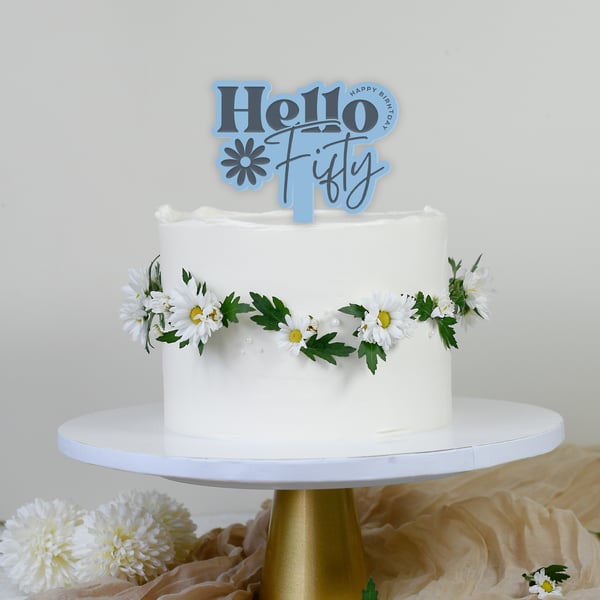 Hello Fifty - Birthday Cake Topper: Age Cake Decoration For 50s, Acrylic Topper
