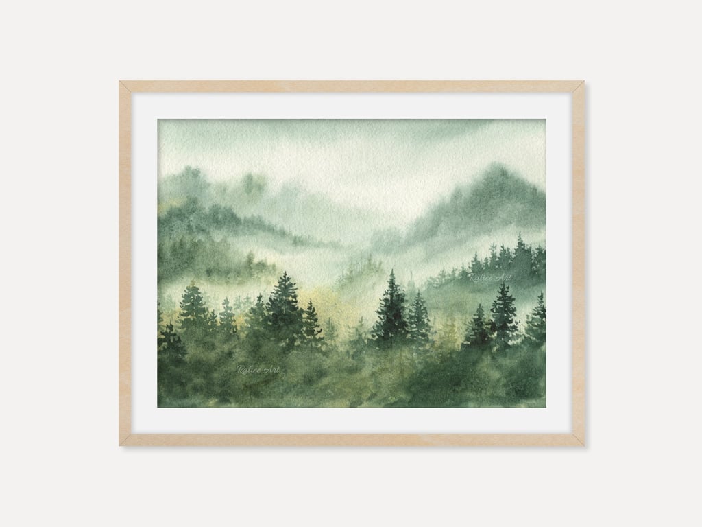 Atmospheric Foggy Nature Print, Pine Tree Forest Painting, Serene Misty Mountain