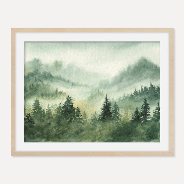 Atmospheric Foggy Nature Print, Pine Tree Forest Painting, Serene Misty Mountain