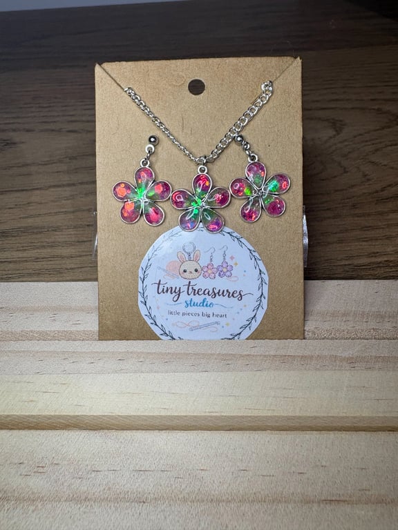 Handmade Ombre Glitter Flower Necklace and Earrings Set Purple Blue
