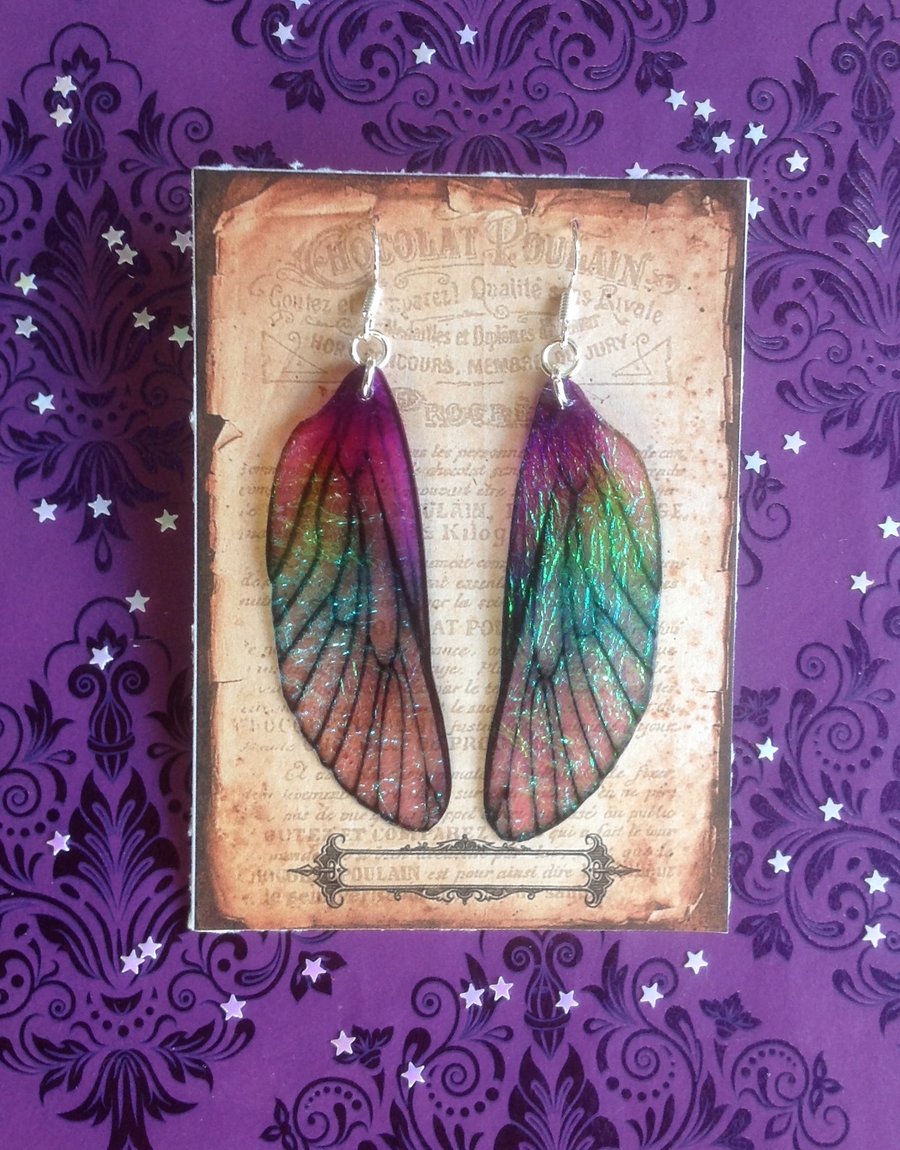Large Purple and Green Mackintosh Style Fairy Wing Sterling Silver Earrings