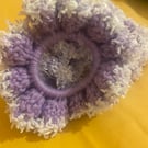 Purple scrunchie with purple and white fluffy edging 