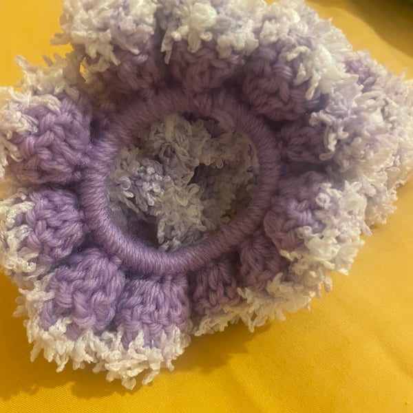 Purple scrunchie with purple and white fluffy edging 