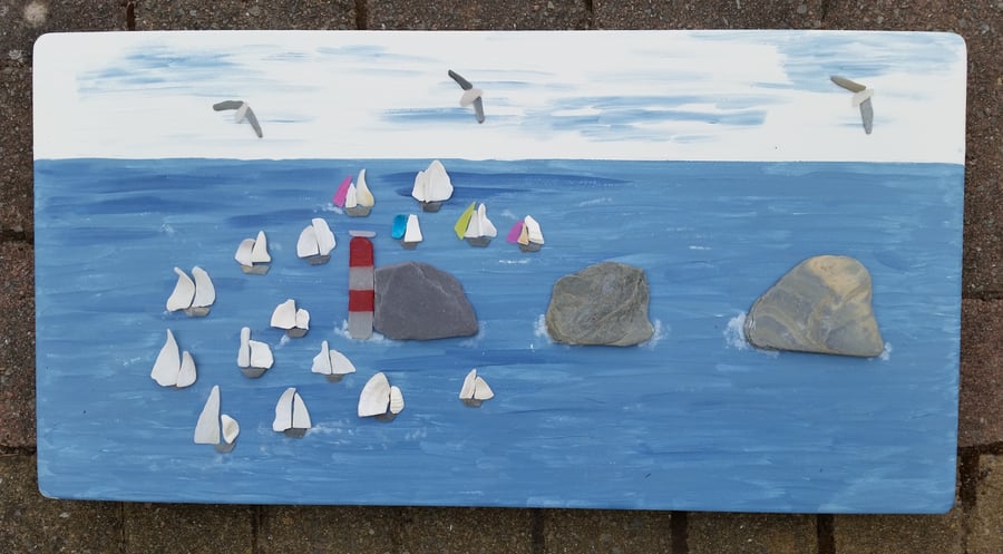 Round the Island Race, Isle of Wight, Sea Pottery Yacht sail, Cornish Pebble Art