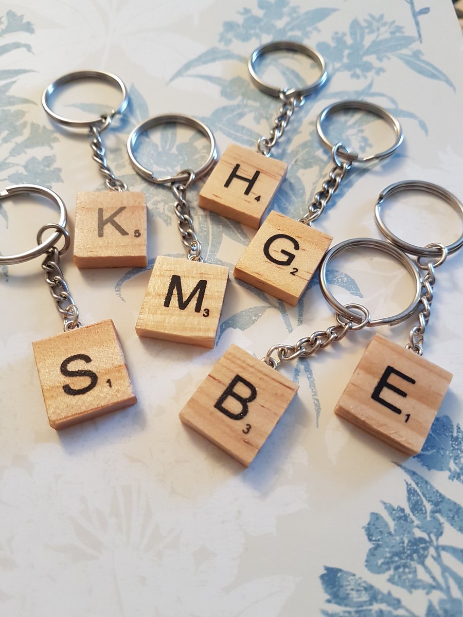 Scrabble keyring wooden monogram keyring scrabble tile initial keyring 