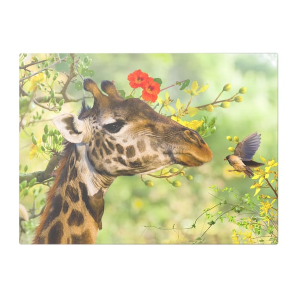 Giraffe & Bird in Flight On Floral Scene Glass Chopping Board