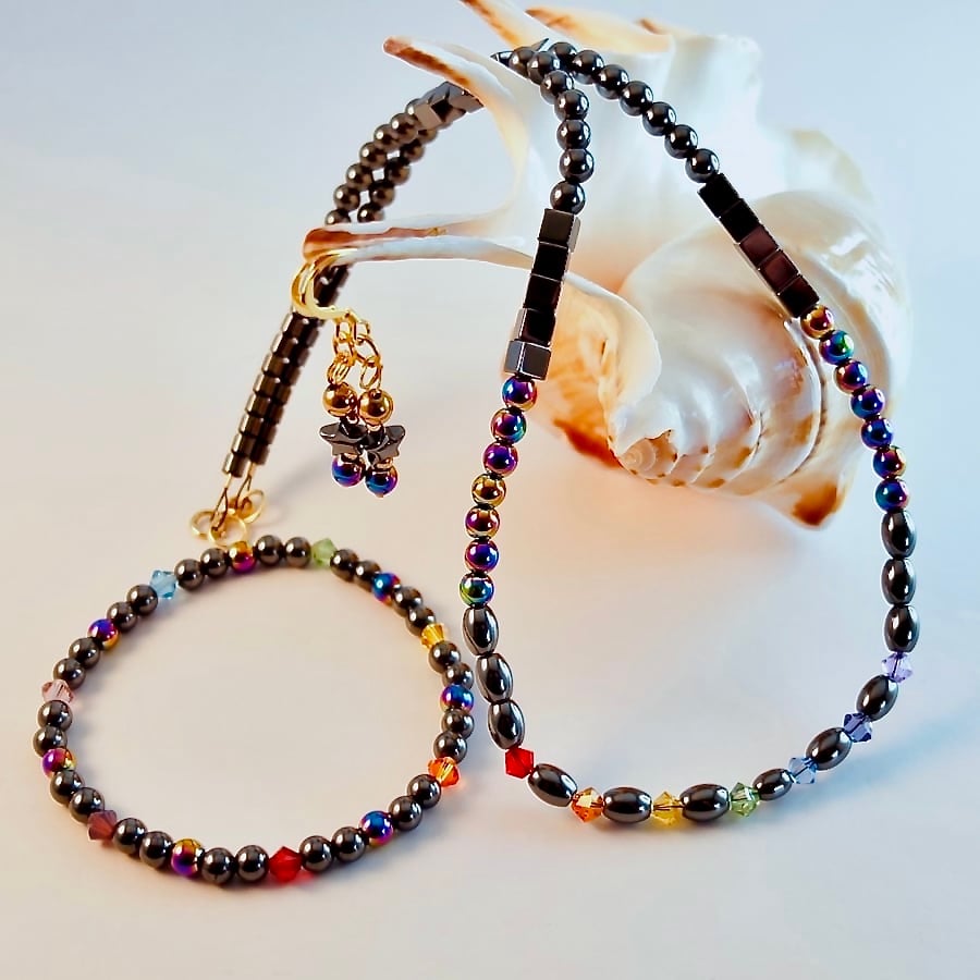 3- Piece Jewellery Necklace, Bracelet, Earrings Set, Hematite & Crystal, Rainbow