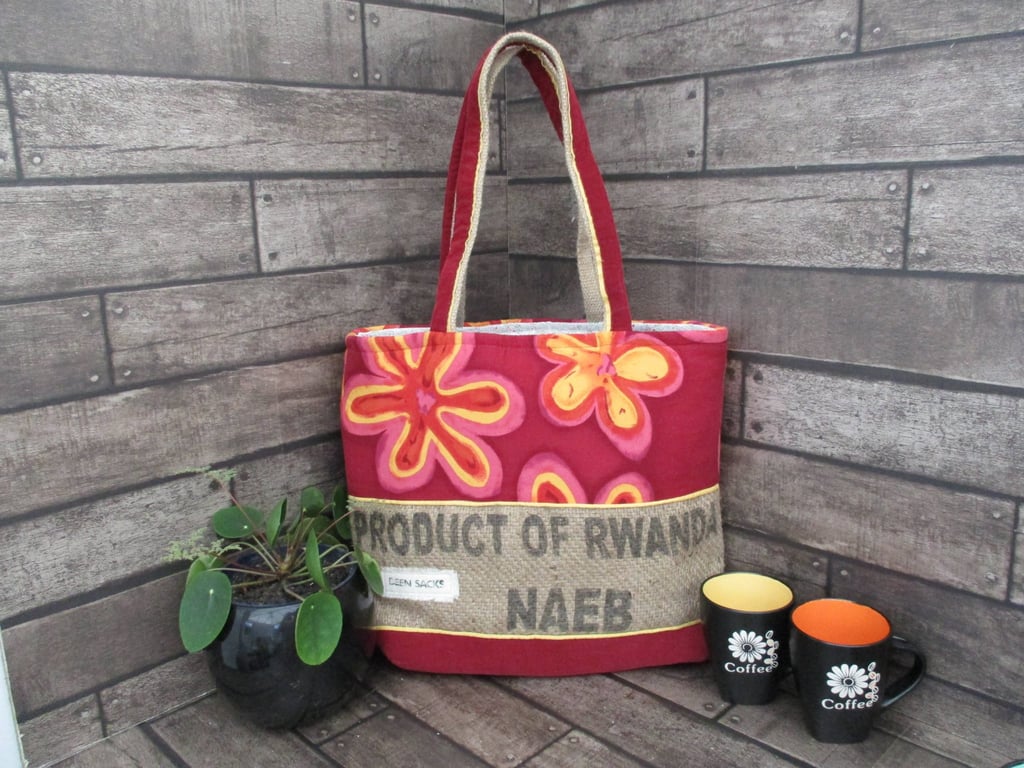 Eco Tote Bag - Handmade from Upcycled Materials - Cerise and Yellow floral