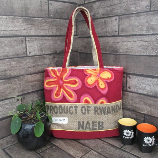 Eco Tote Bag - Handmade from Upcycled Materials - Cerise and Yellow floral