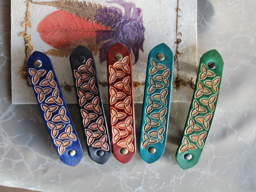 Embossed Leather Hair Barrette with Triquetra Pattern, Hand Tooled Leather Hair 