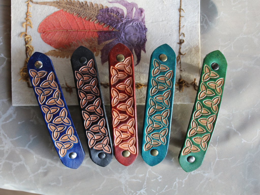 Embossed Leather Hair Barrette with Triquetra Pattern, Hand Tooled Leather Hair 