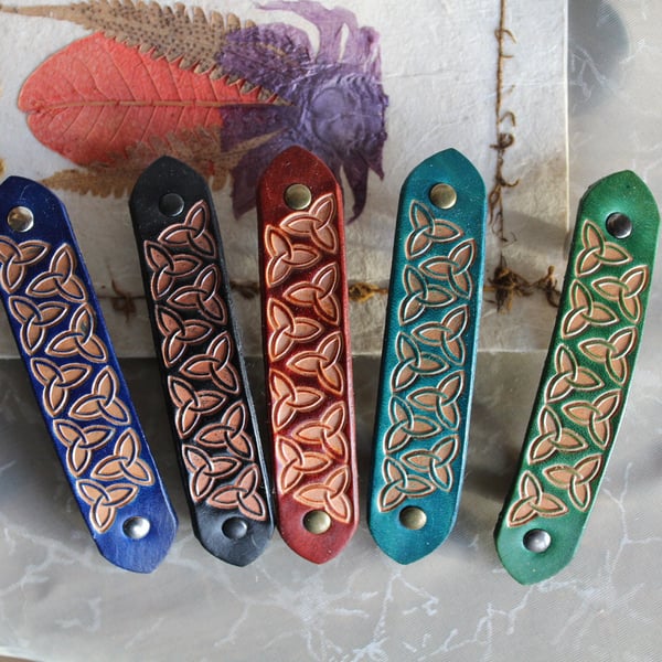 Embossed Leather Hair Barrette with Triquetra Pattern, Hand Tooled Leather Hair 