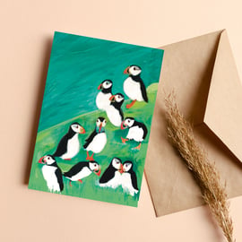 Puffins circus coastal card 