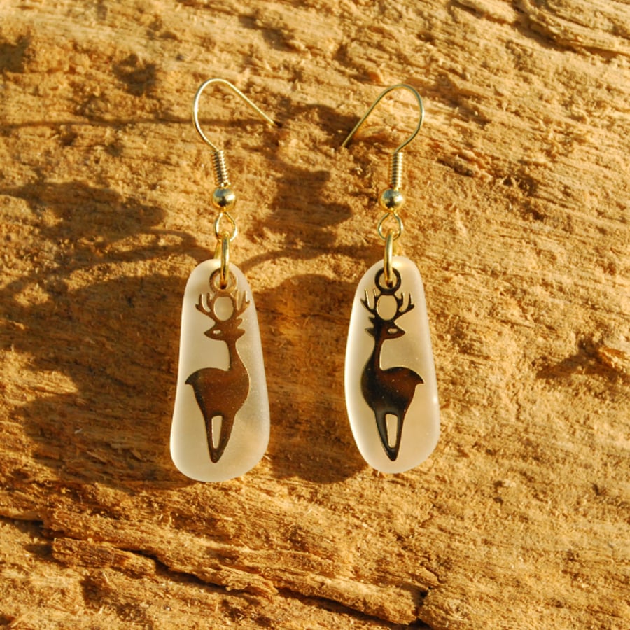 Beach glass earrings with deer charms
