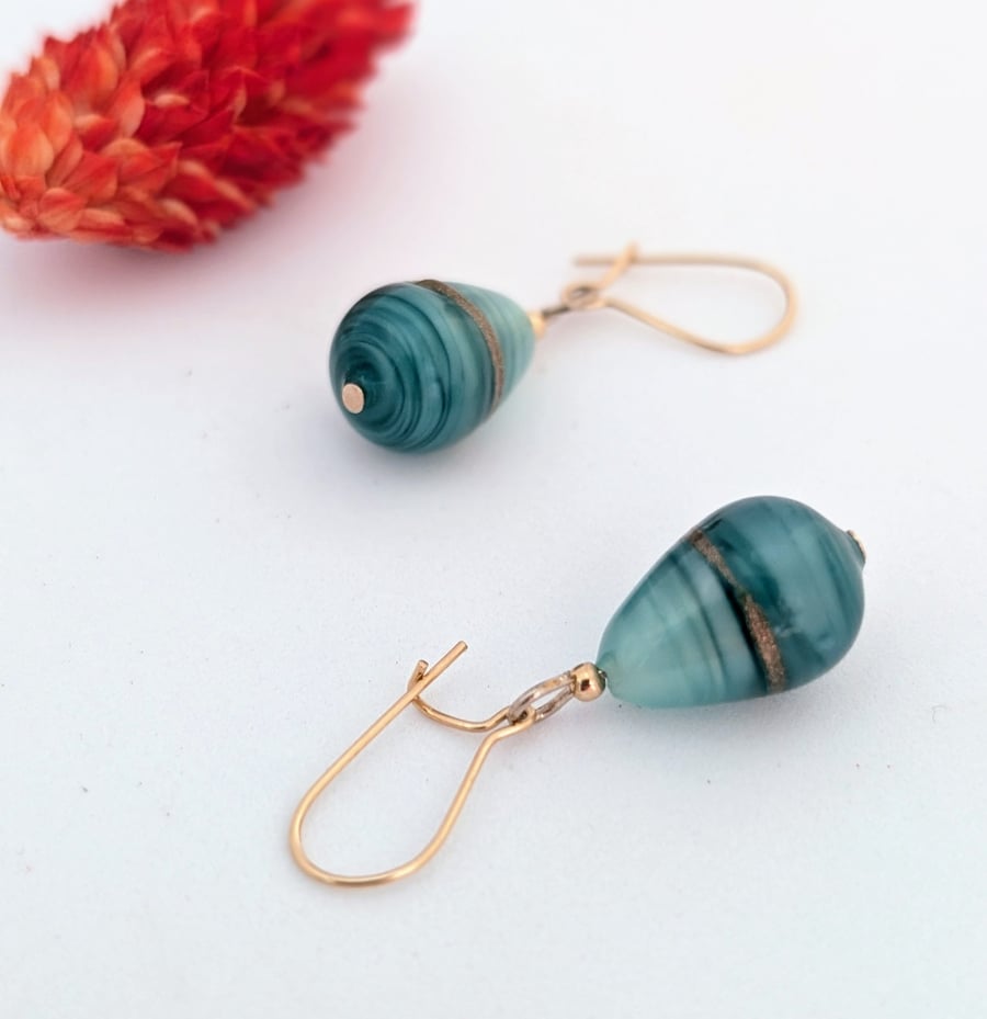 Mint Aquamarine Aventurine Murano Glass Earrings: Gold Filled Beads and Earwires