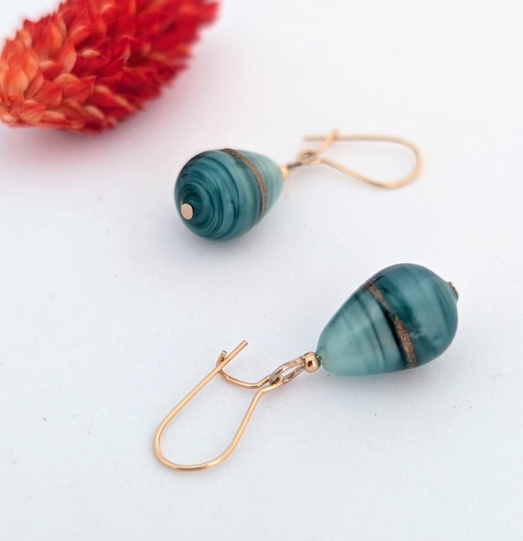 Mint Aquamarine Aventurine Murano Glass Earrings: Gold Filled Beads and Earwires