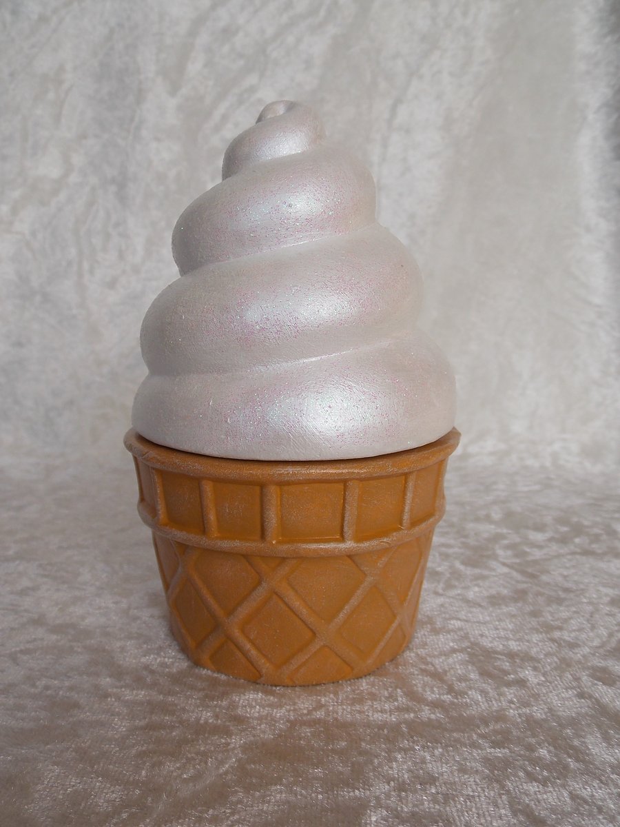 Ceramic Hand Painted White Whippy Ice Cream Cone Jewellery Trinket Box Container