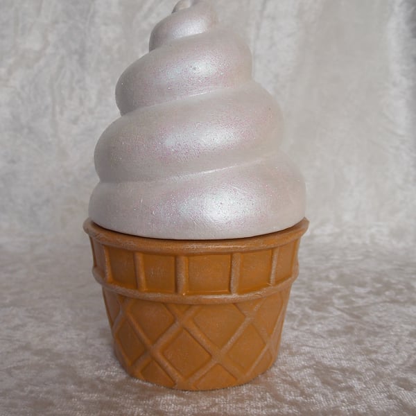 Ceramic Hand Painted White Whippy Ice Cream Cone Jewellery Trinket Box Container