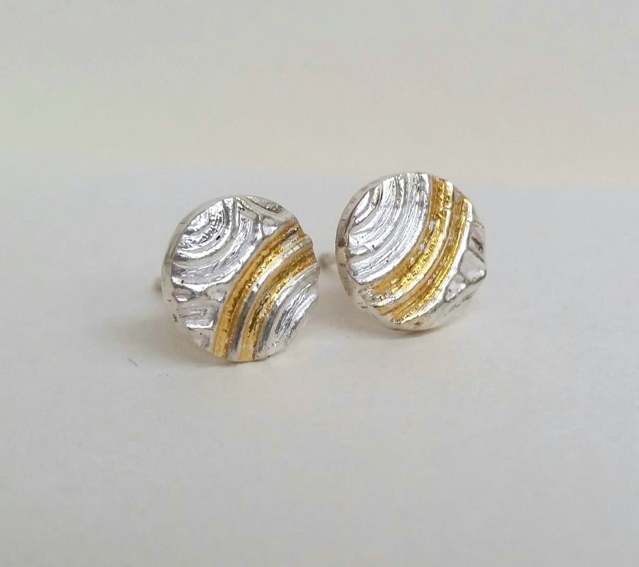 Fine Silver and gold textured swirl stud earrings, Handmade, Sale Item.