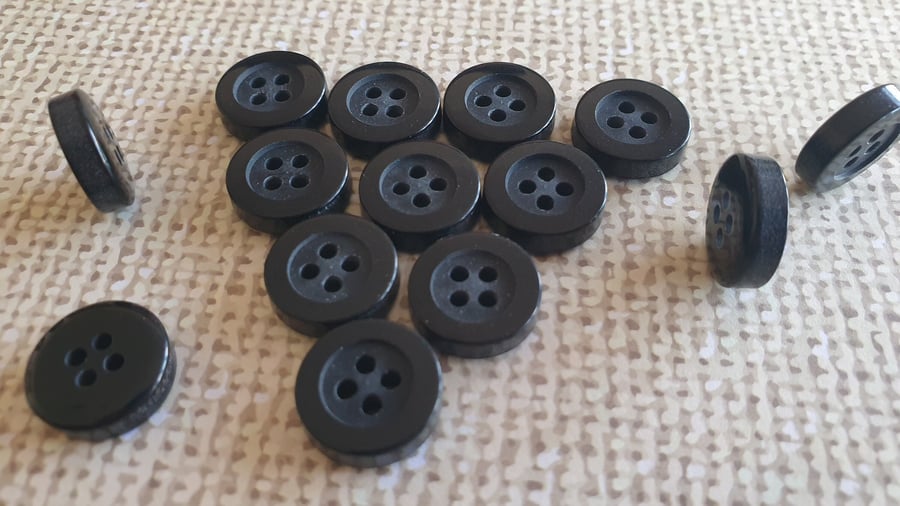15mm 24L 4Hole CHUNKY Solid Black Buttons (polyester) 1980's