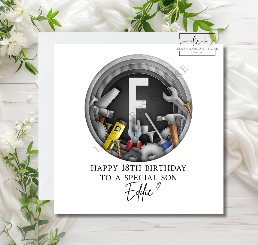 Handmade Tool Theme Initial Happy Birthday Card