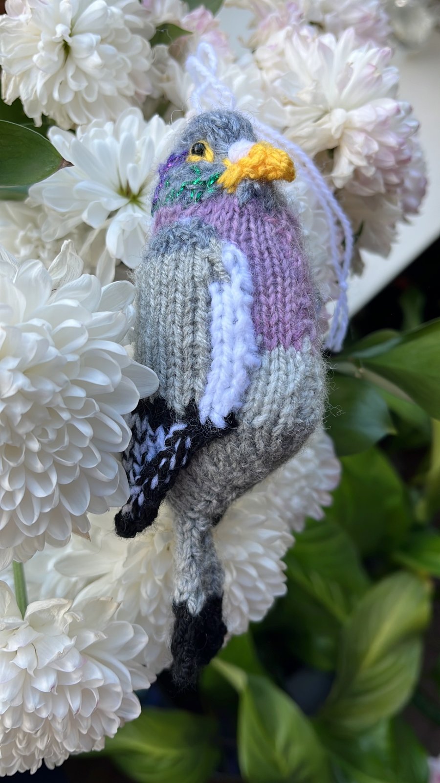 Wood pigeon hand knit tree decoration 