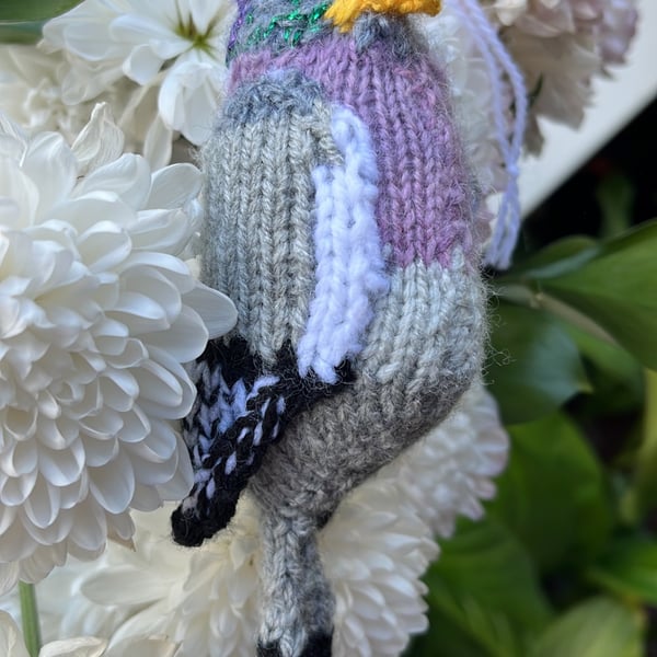 Wood pigeon hand knit tree decoration 